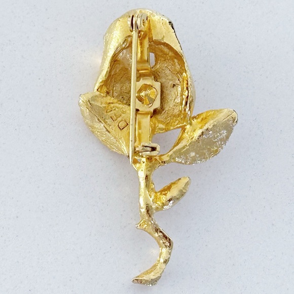 Vintage Signed DFA Gold Tone Rose Flower Brooch Pin Dubarry Fifth Avenue - Picture 5 of 8